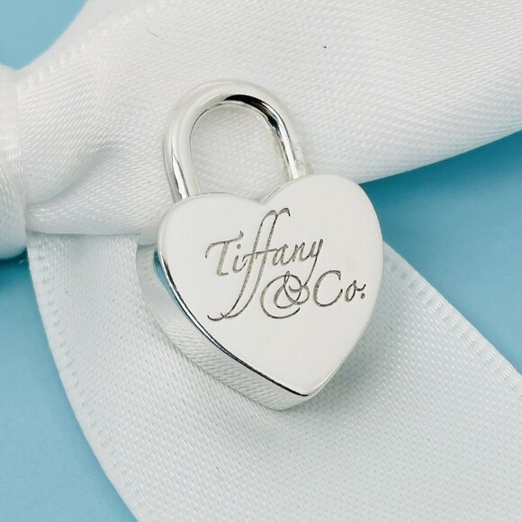 Tiffany & Co Script Notes Heart Charm Padlock Lock or Pendant in Sterling Silver - Picture 1 of 9